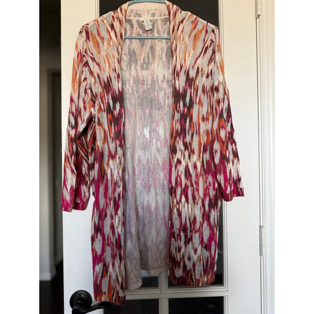 Chico’s Size 2 (M) Open Front Cardigan Ikat Print 3/4 Sleeve Lightweight